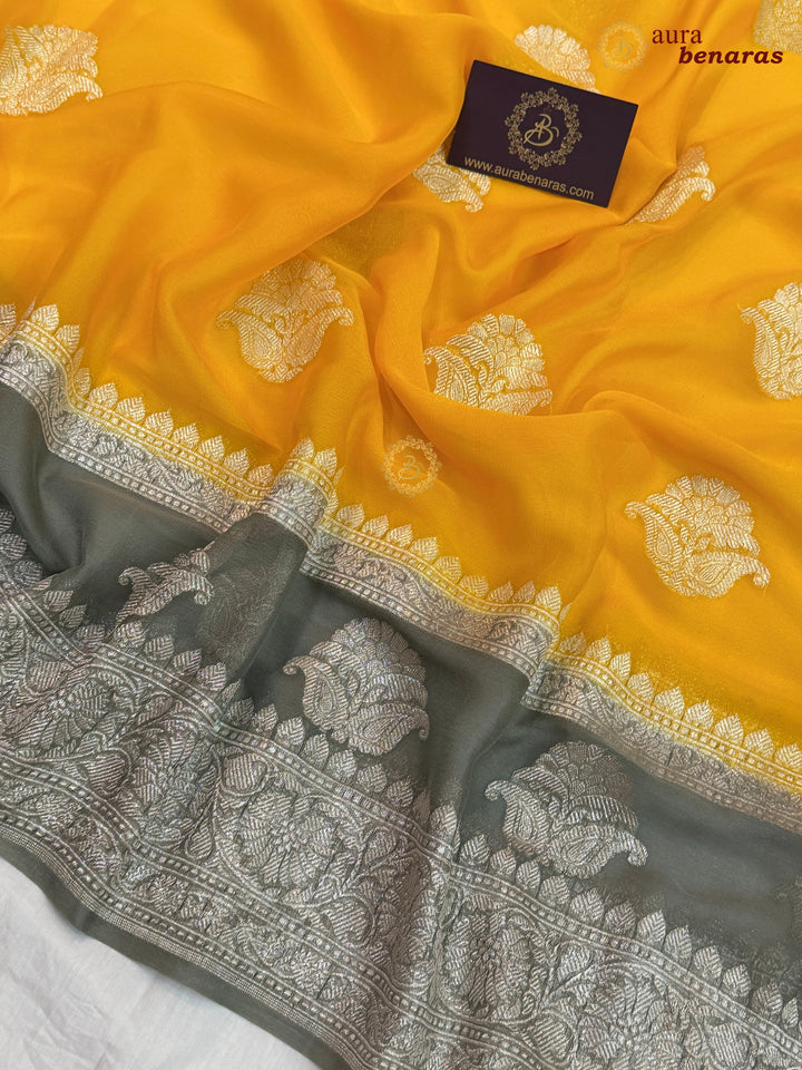 Yellow with Grey Contrast Pure Khaddi Chiffon Banarasi Saree with Kadhwa Silver Zari