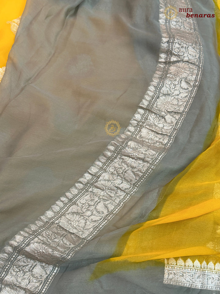 Yellow with Grey Contrast Pure Khaddi Chiffon Banarasi Saree with Kadhwa Silver Zari