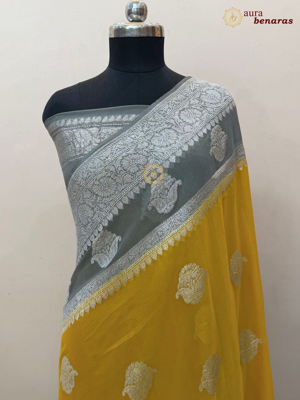 Yellow with Grey Contrast Pure Khaddi Chiffon Banarasi Saree with Kadhwa Silver Zari