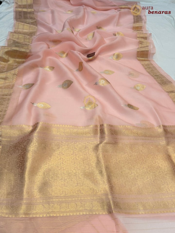 Peachish Pink Pure Kora Silk Banarasi Saree with Sona Rupa Zari
