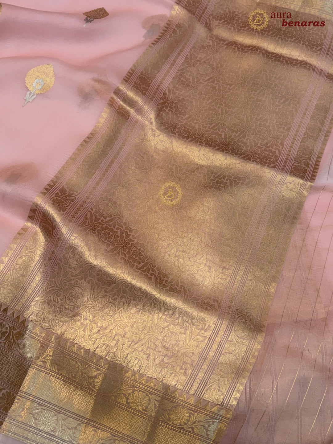 Peachish Pink Pure Kora Silk Banarasi Saree with Sona Rupa Zari
