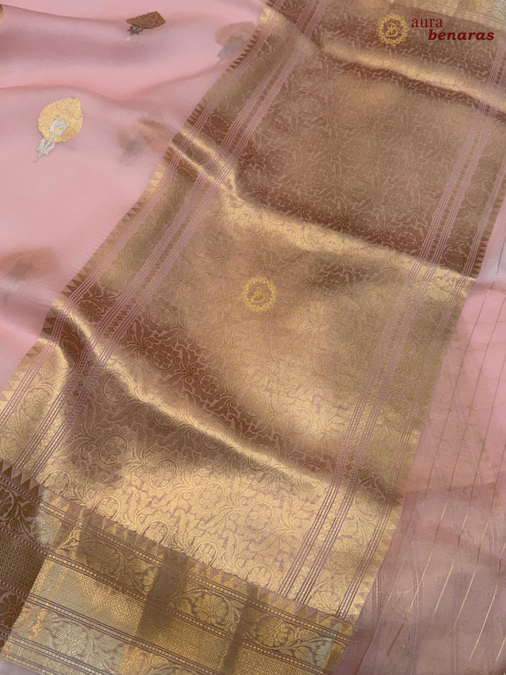 Peachish Pink Pure Kora Silk Banarasi Saree with Sona Rupa Zari