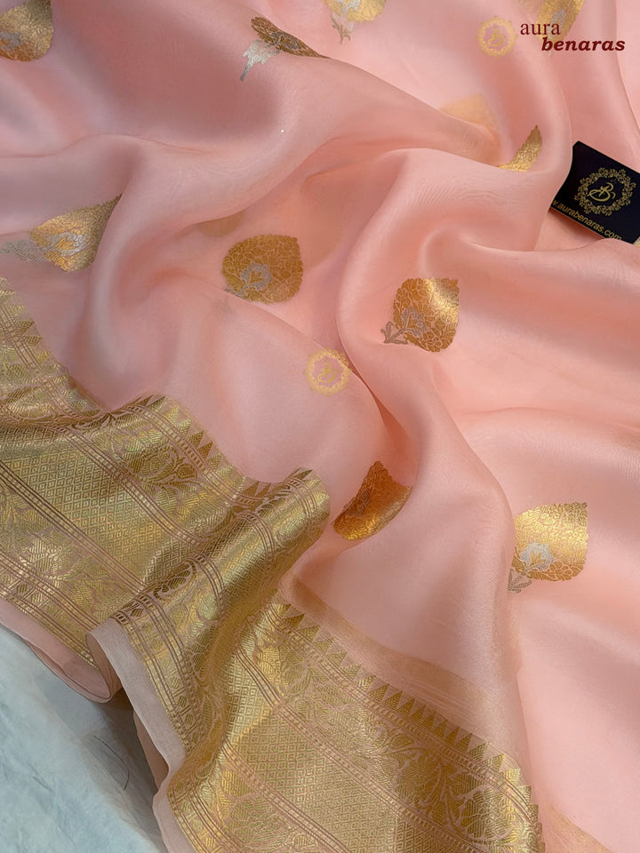 Peachish Pink Pure Kora Silk Banarasi Saree with Sona Rupa Zari