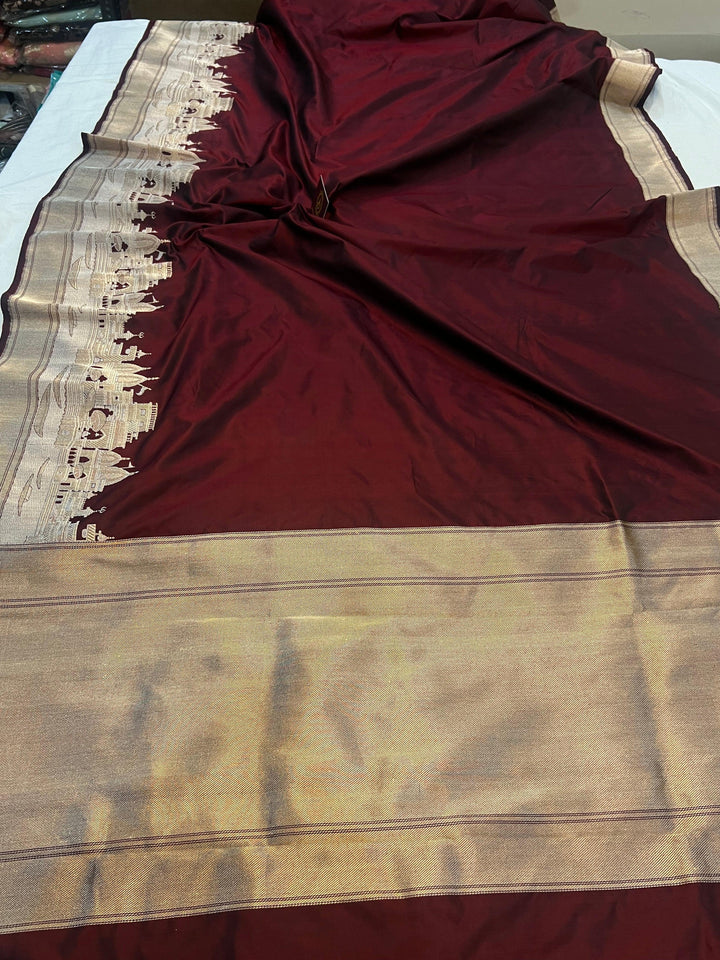 Deep Maroon Banarasi Handloom Katan Silk Saree - Aura Benaras