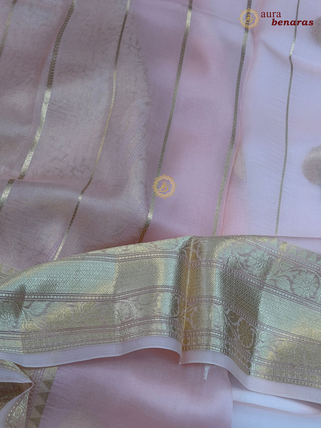 Peachish Pink Pure Kora Silk Banarasi Saree with Sona Rupa Zari