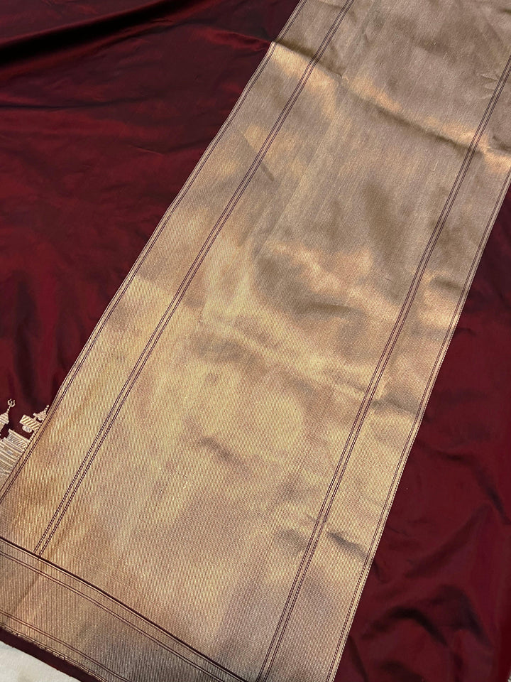 Deep Maroon Banarasi Handloom Katan Silk Saree - Aura Benaras