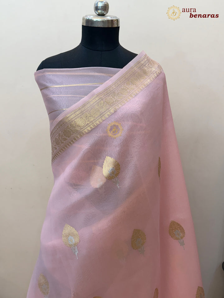 Peachish Pink Pure Kora Silk Banarasi Saree with Sona Rupa Zari