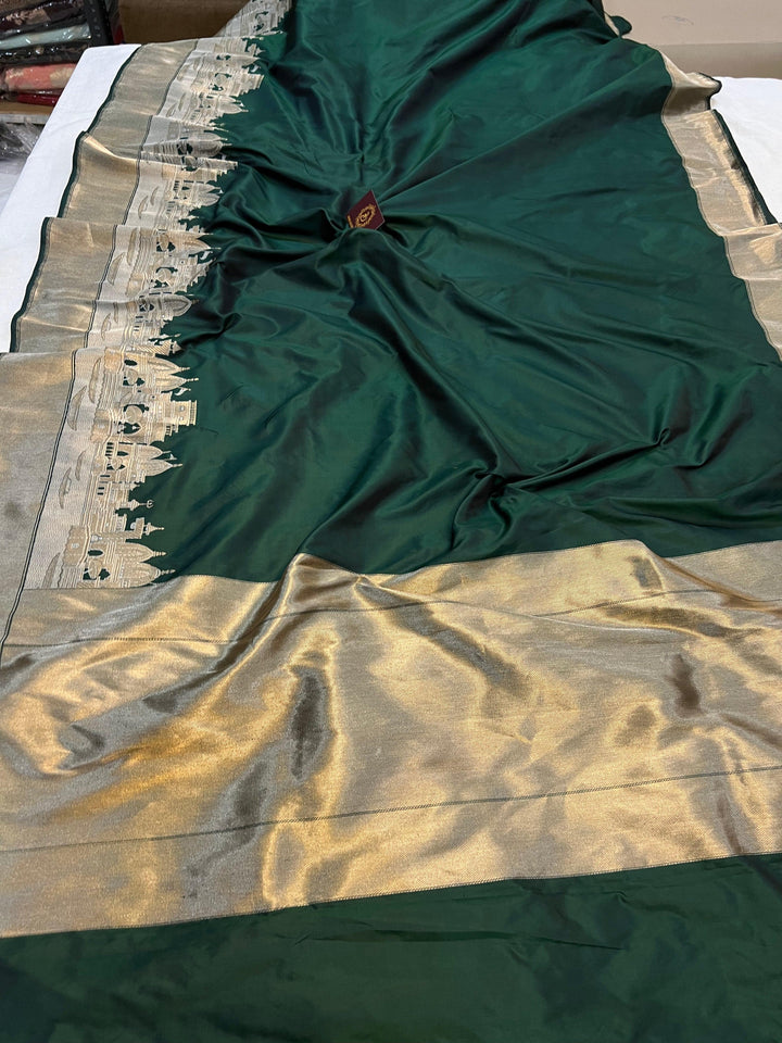 Bottle Green Banarasi Handloom Katan Silk Saree - Aura Benaras