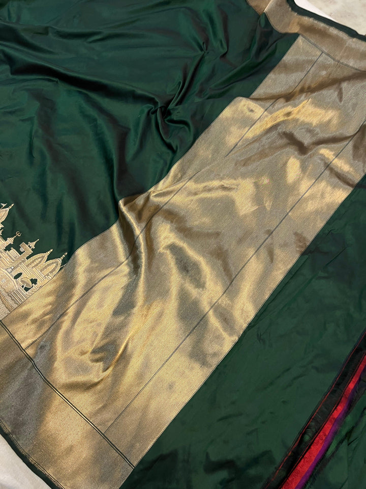 Bottle Green Banarasi Handloom Katan Silk Saree - Aura Benaras