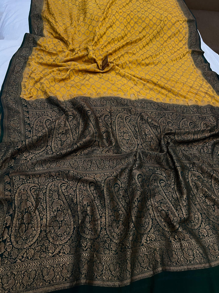 Mustard Yellow  Pure Banarasi Khaddi Crepe Silk Saree - Aura Benaras