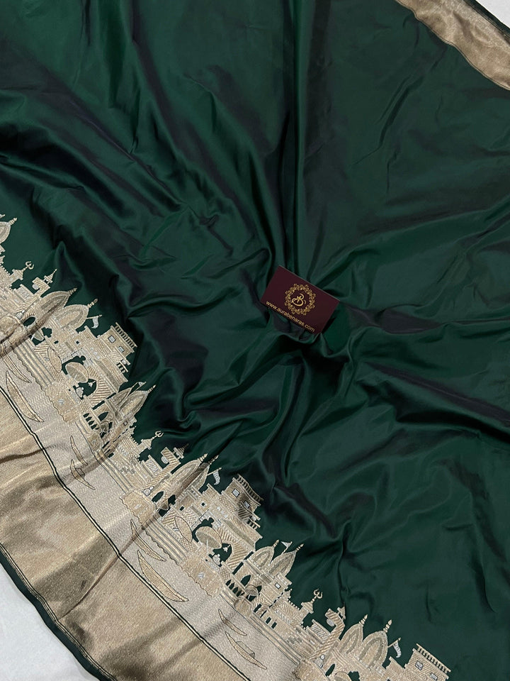 Bottle Green Banarasi Handloom Katan Silk Saree - Aura Benaras