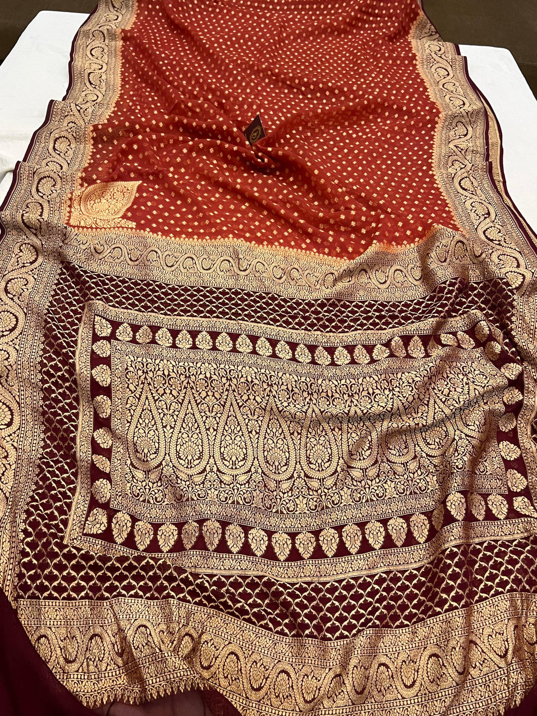 Rust Orange Pure Banarasi Khaddi Georgette Saree - Aura Benaras