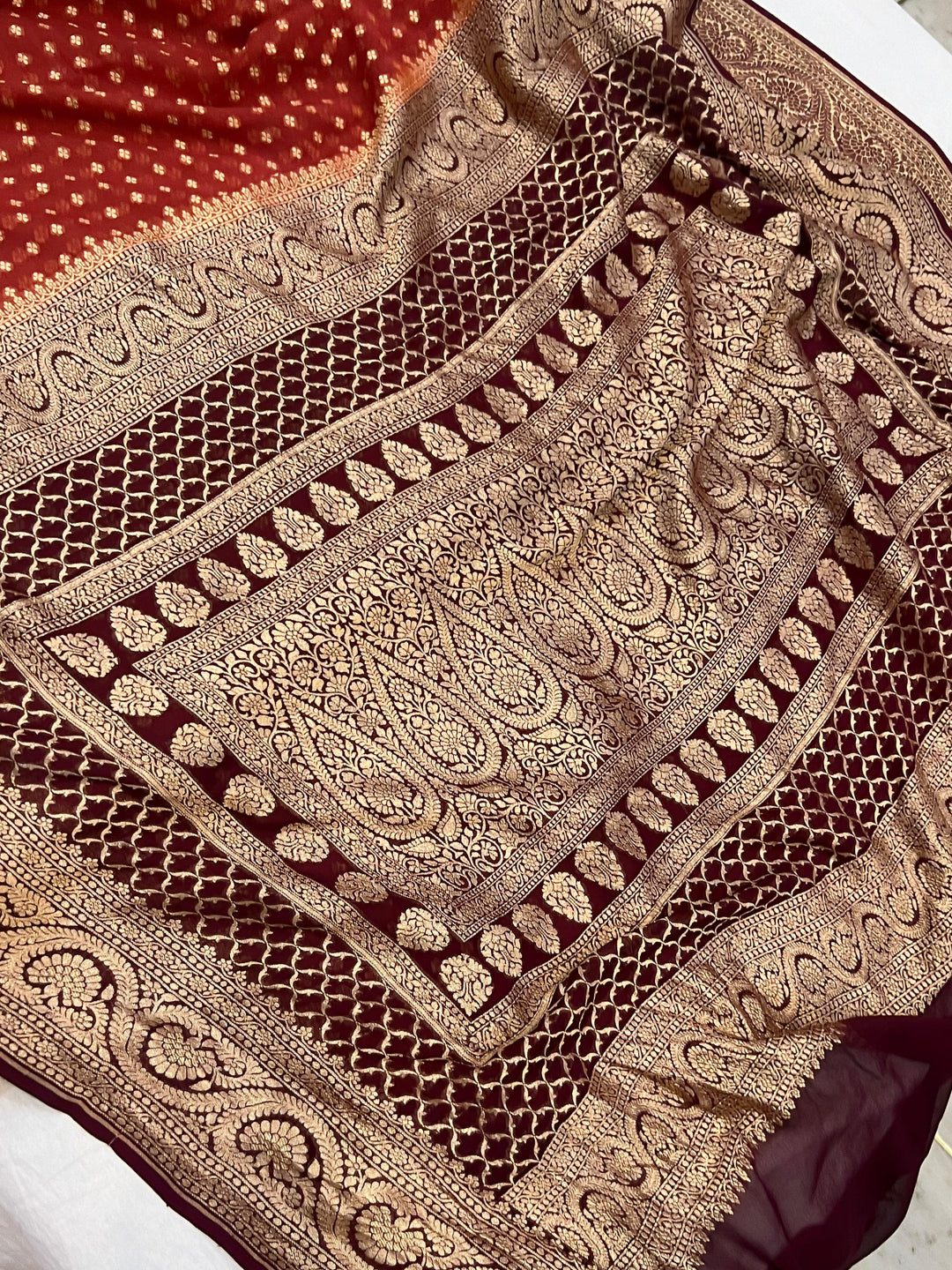 Rust Orange Pure Banarasi Khaddi Georgette Saree - Aura Benaras