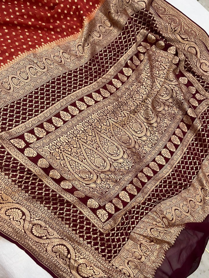 Rust Orange Pure Banarasi Khaddi Georgette Saree - Aura Benaras