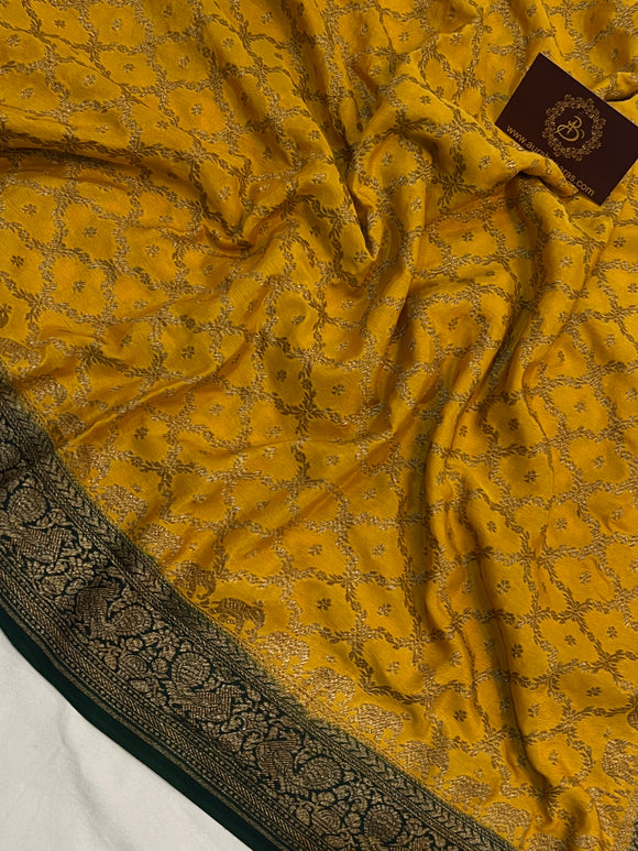 Mustard Yellow  Pure Banarasi Khaddi Crepe Silk Saree - Aura Benaras