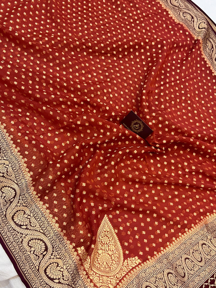 Rust Orange Pure Banarasi Khaddi Georgette Saree - Aura Benaras