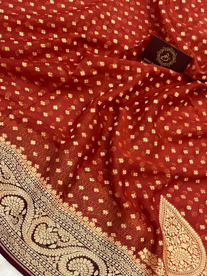 Rust Orange Pure Banarasi Khaddi Georgette Saree - Aura Benaras