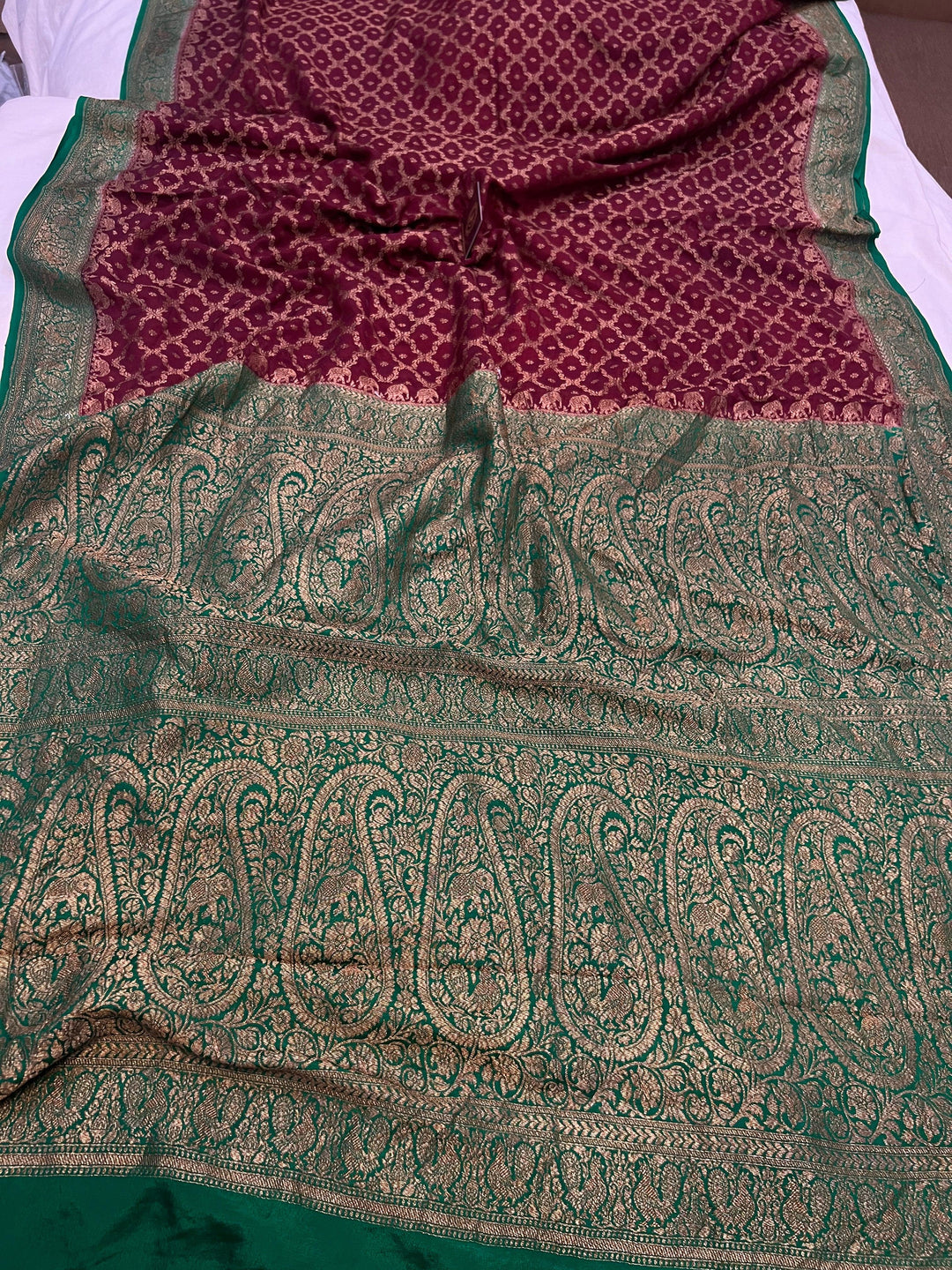Maroon Pure Banarasi Khaddi Crepe Silk Saree - Aura Benaras