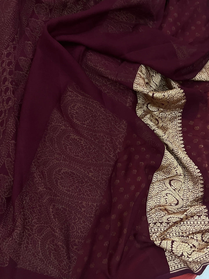 Rust Orange Pure Banarasi Khaddi Georgette Saree - Aura Benaras