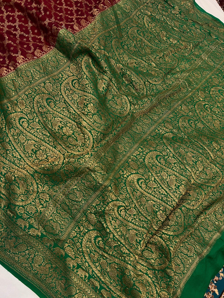 Maroon Pure Banarasi Khaddi Crepe Silk Saree - Aura Benaras