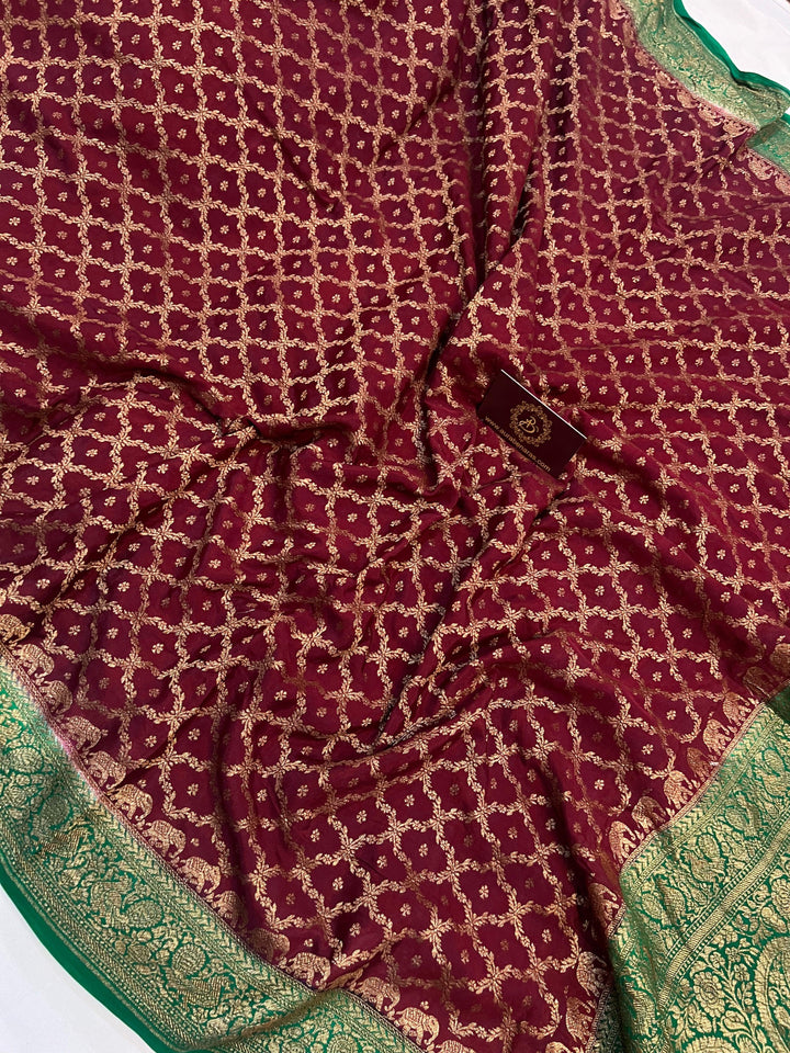 Maroon Pure Banarasi Khaddi Crepe Silk Saree - Aura Benaras