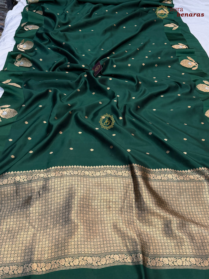 Bottle Green Pure Banarasi Handloom Silk Saree - Aura Benaras