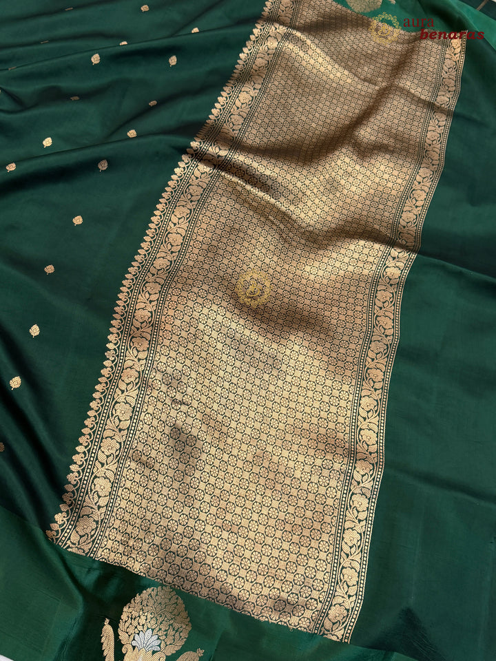 Bottle Green Pure Banarasi Handloom Silk Saree - Aura Benaras