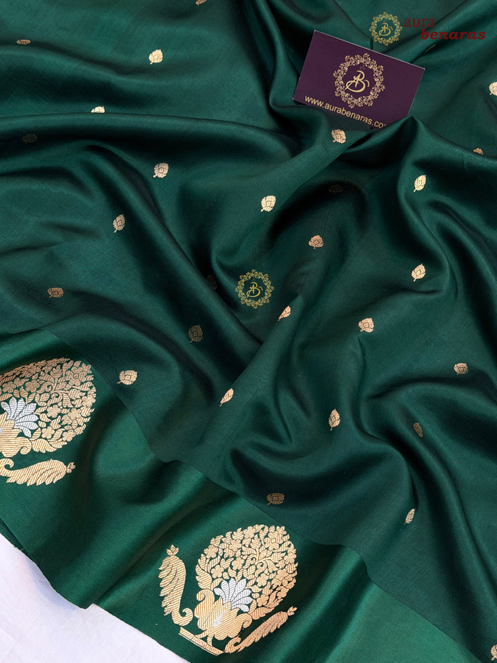 Bottle Green Pure Banarasi Handloom Silk Saree - Aura Benaras