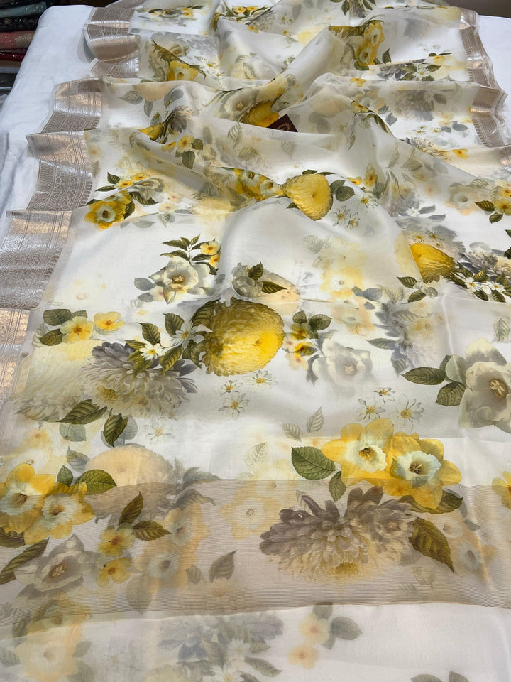 White Banarasi Handloom Kora Silk Saree | Aura Benaras