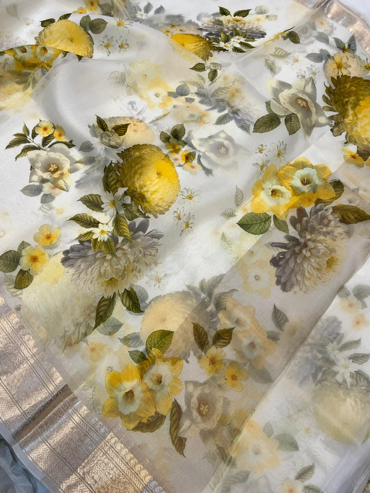 White Banarasi Handloom Kora Silk Saree | Aura Benaras