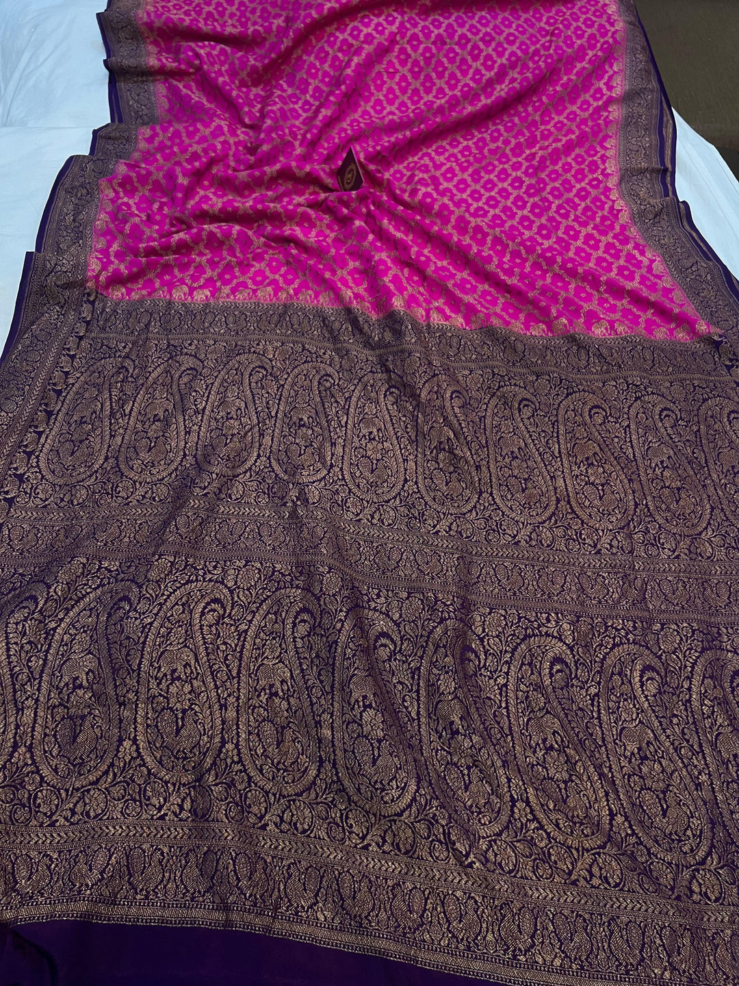 Rani Pink Pure Banarasi Khaddi Crepe Silk Saree - Aura Benaras