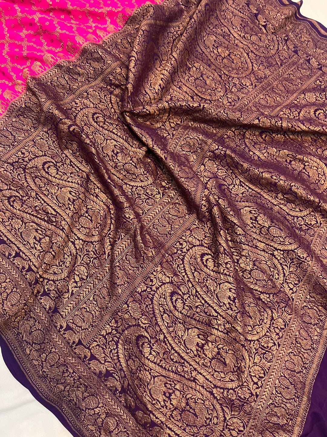 Rani Pink Pure Banarasi Khaddi Crepe Silk Saree - Aura Benaras