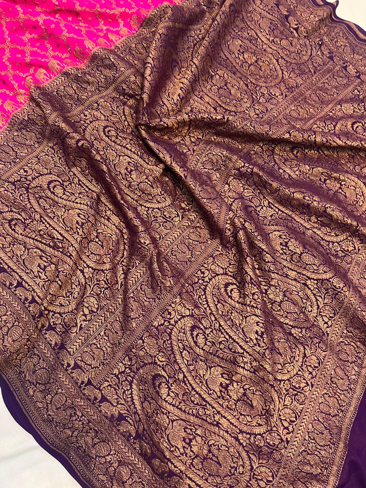 Rani Pink Pure Banarasi Khaddi Crepe Silk Saree - Aura Benaras