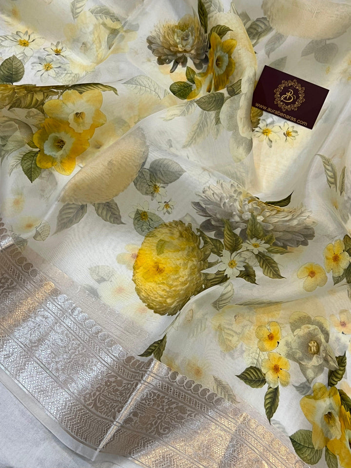 White Banarasi Handloom Kora Silk Saree | Aura Benaras