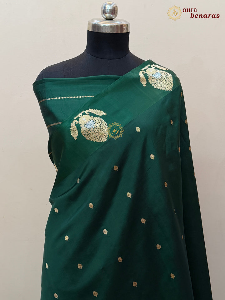 Bottle Green Pure Banarasi Handloom Silk Saree - Aura Benaras