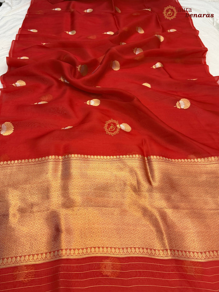 Red Kora Silk Banarasi Saree with Sona Rupa Butis