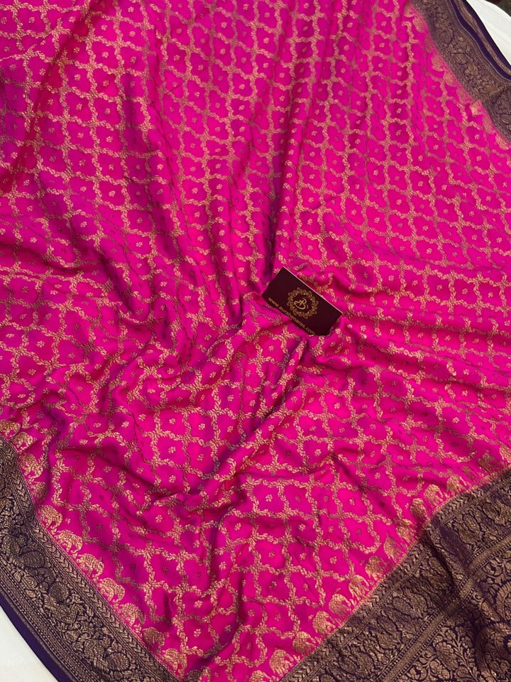 Rani Pink Pure Banarasi Khaddi Crepe Silk Saree - Aura Benaras