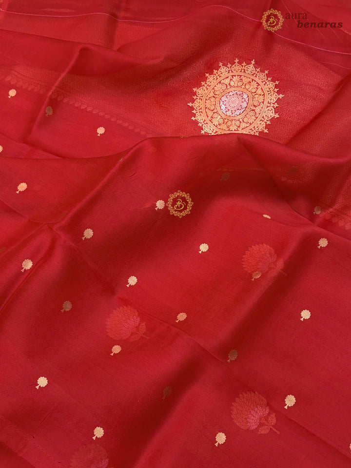 Red Kora Silk Banarasi Saree with Sona Rupa Butis