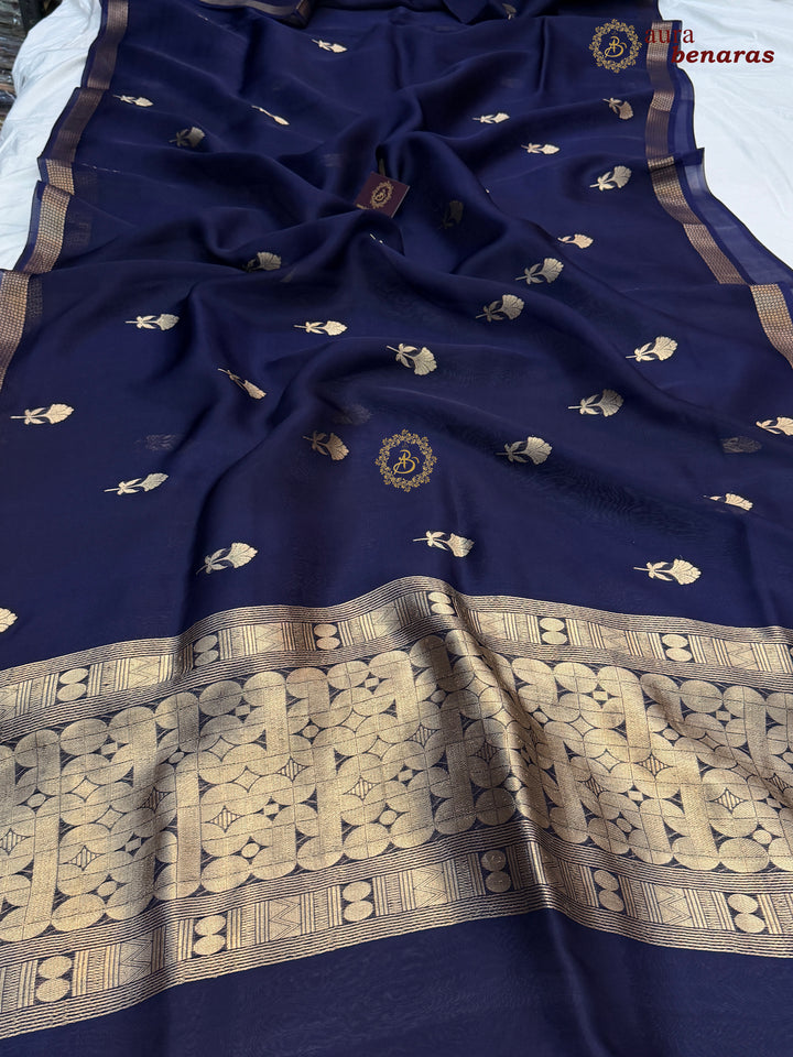 Navy Blue Kora Silk Handloom Banarasi Saree | Kadhwa Butis 