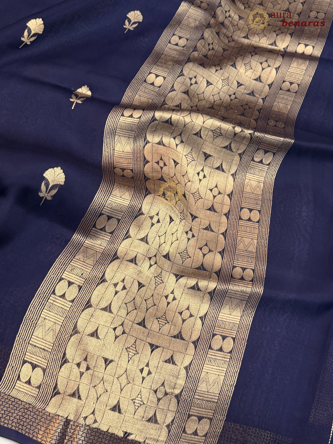 Navy Blue Kora Silk Handloom Banarasi Saree | Kadhwa Butis 