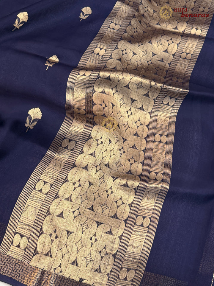 Navy Blue Kora Silk Handloom Banarasi Saree | Kadhwa Butis 