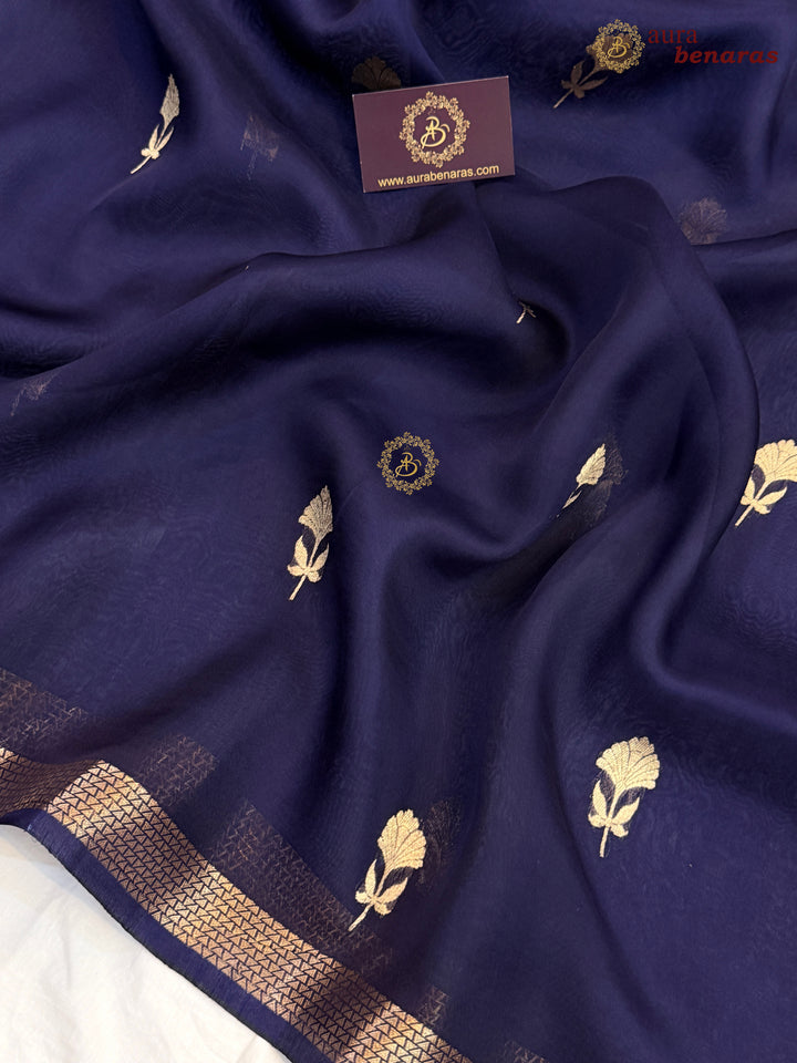 Navy Blue Kora Silk Handloom Banarasi Saree | Kadhwa Butis 