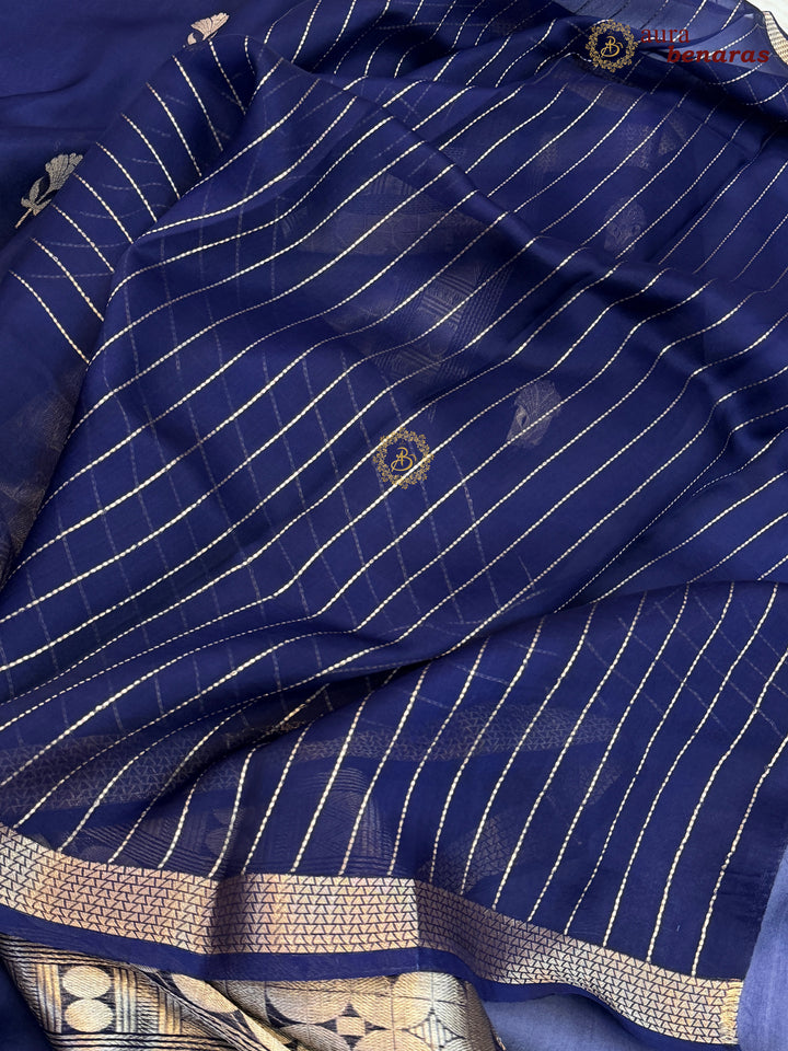 Navy Blue Kora Silk Handloom Banarasi Saree | Kadhwa Butis 