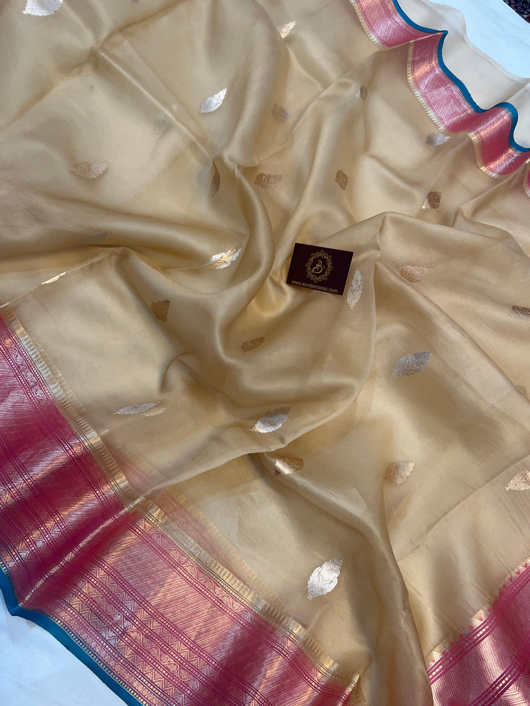 Beige Banarasi Handloom Kora Silk Saree - Aura Benaras