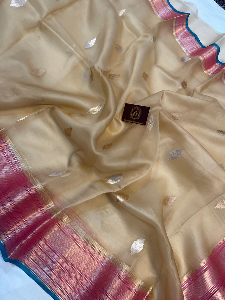 Beige Banarasi Handloom Kora Silk Saree - Aura Benaras
