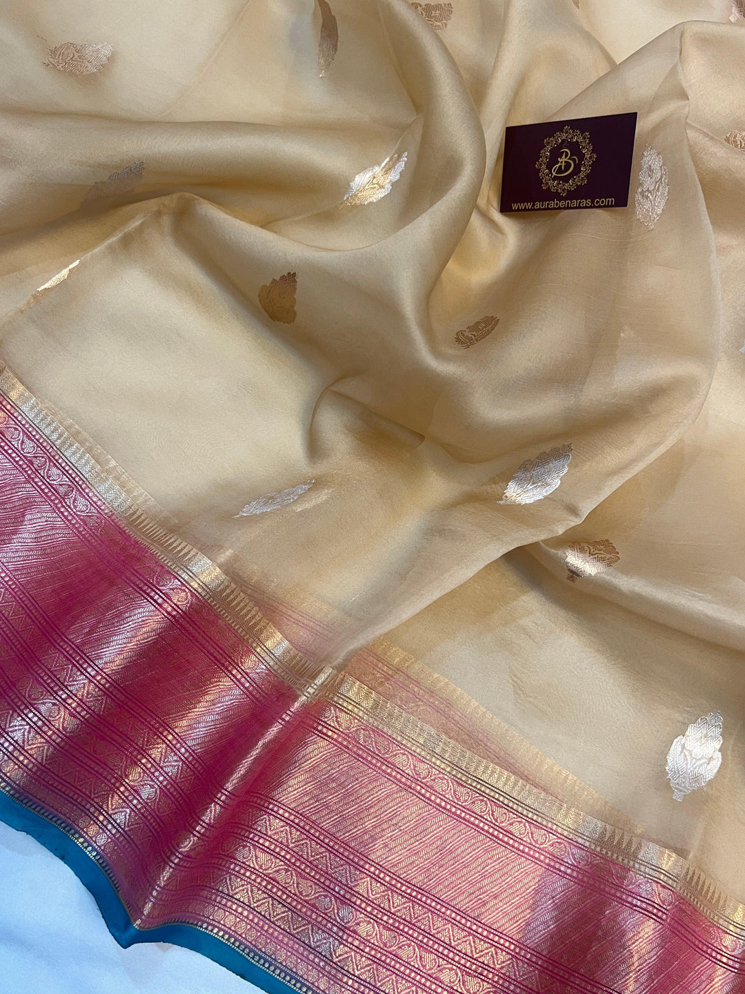 Beige Banarasi Handloom Kora Silk Saree - Aura Benaras