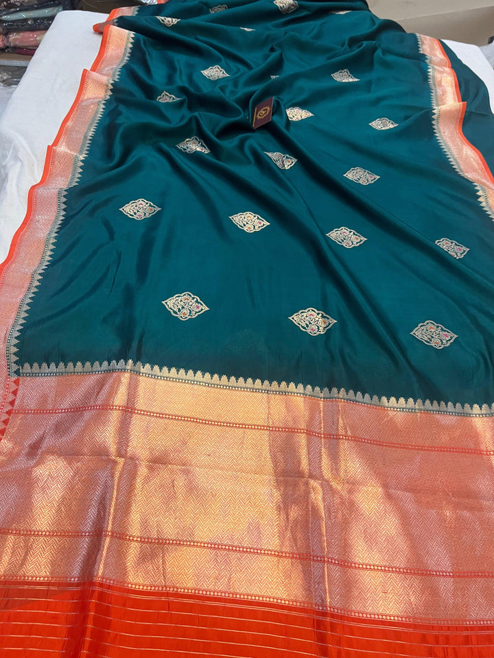 Teal Blue Pure Banarasi Handloom Silk Saree | Aura Benaras