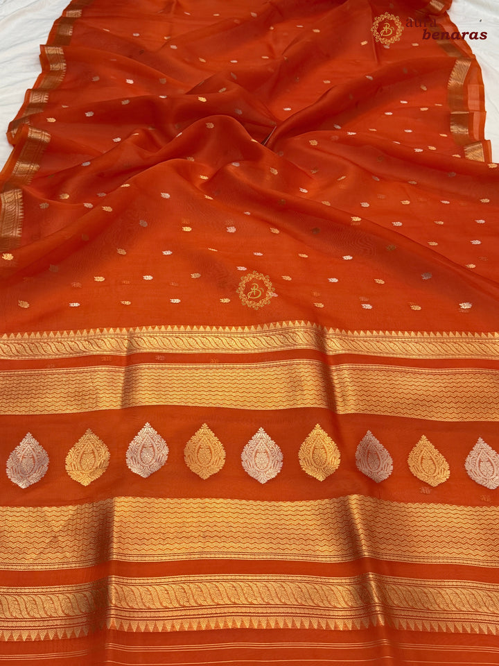 Pure Orange Kora Silk Banarasi Saree with Kadhwa Flower Butas