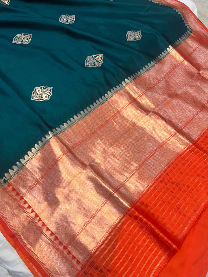 Teal Blue Pure Banarasi Handloom Silk Saree | Aura Benaras