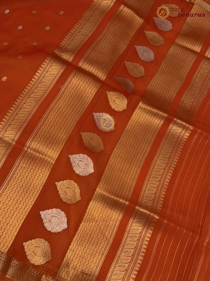Pure Orange Kora Silk Banarasi Saree with Kadhwa Flower Butas